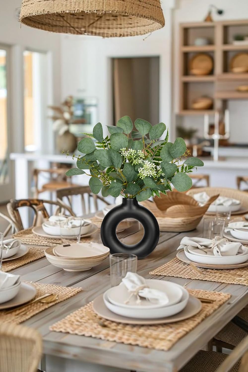 Artificial Eucalyptus Stems in Ceramic Vase 14.23" Fake Eucalyptus Plant Decor Black Donut Vase