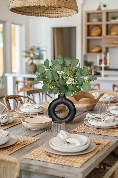 Artificial Eucalyptus Stems in Ceramic Vase 14.23" Fake Eucalyptus Plant Decor Black Donut Vase
