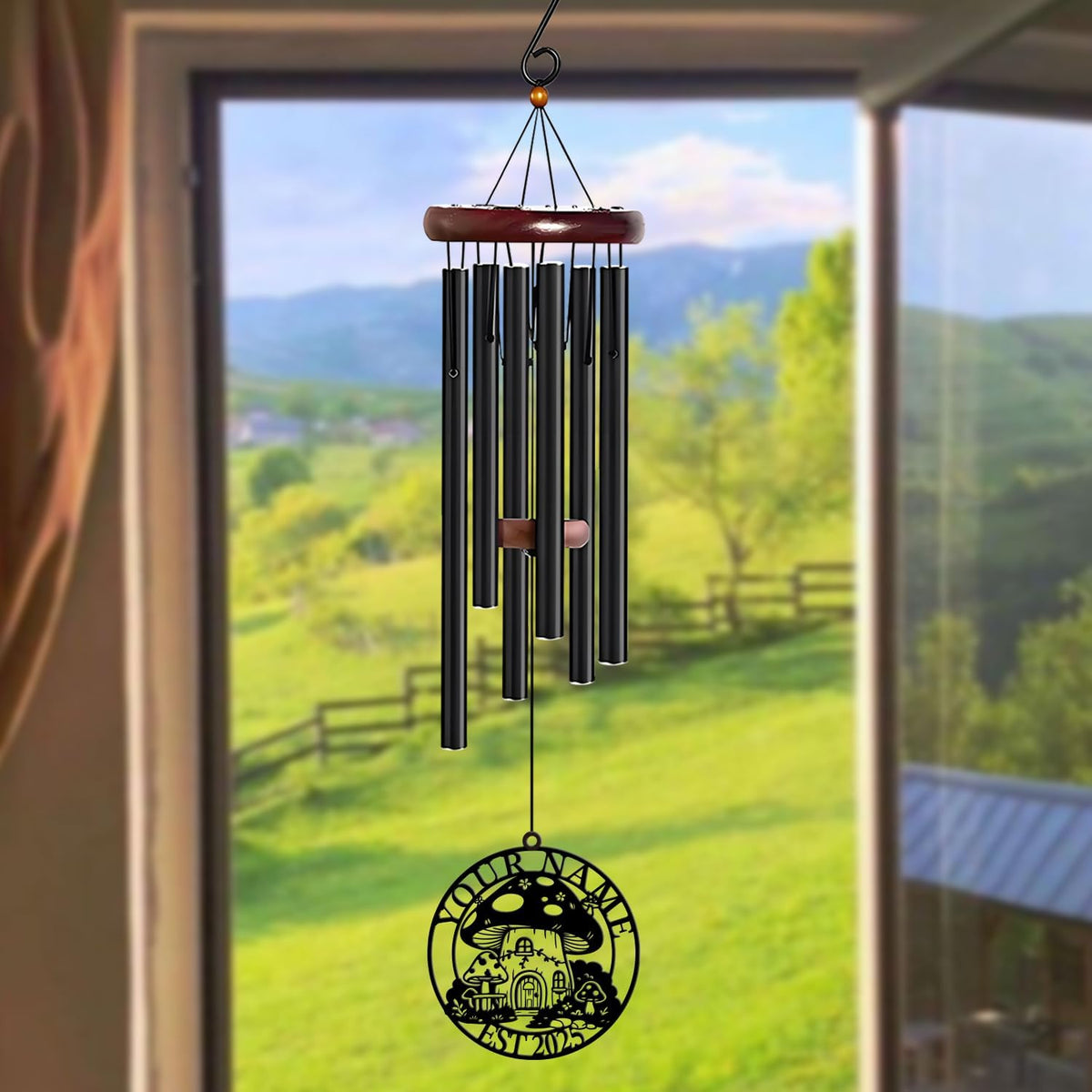 Personalized Customize Name Fantasy Mushroom Wonderland Wind Chime, Metal Iron 37 Inch Outdoor