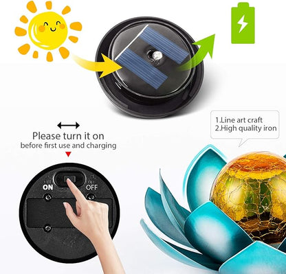 Huaxu Solar Light Outdoor Garden Decor Blue Metal Crackle Globe Glass Waterproof LED Lotus Flower