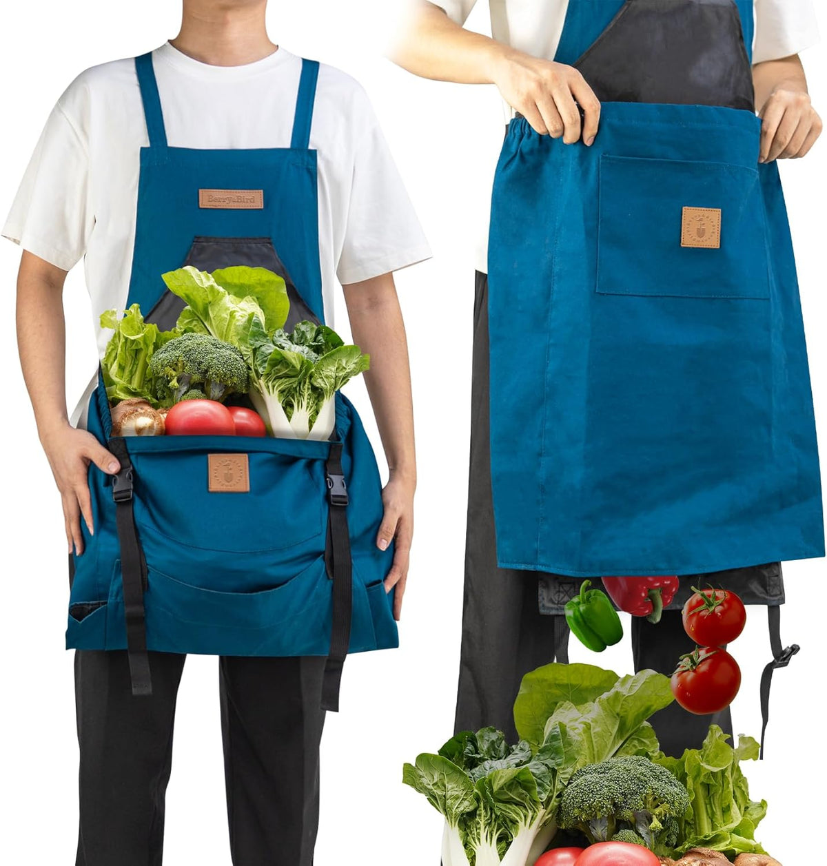 Berry&Bird Harvest Apron, Canvas Gardening Apron with Pockets and Harvesting Pouch Waterproof