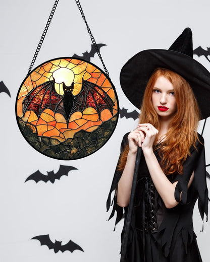Stained Glass Window Hanging, Black Bat Sun Catcher for Door Home Decor Animal Suncatcher Christmas