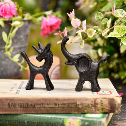 Sungmor Set of 2 Cast Iron Elephant & Unicorn Figurines - Rustic Black Animal Sculptures for Shelf