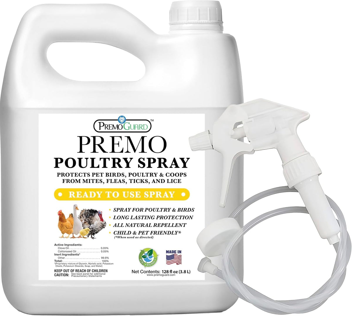 Premo Guard Poultry Spray - 128 oz - Kill Scaly Leg, Mites, Fleas, Lice, & Other Pest on Chickens