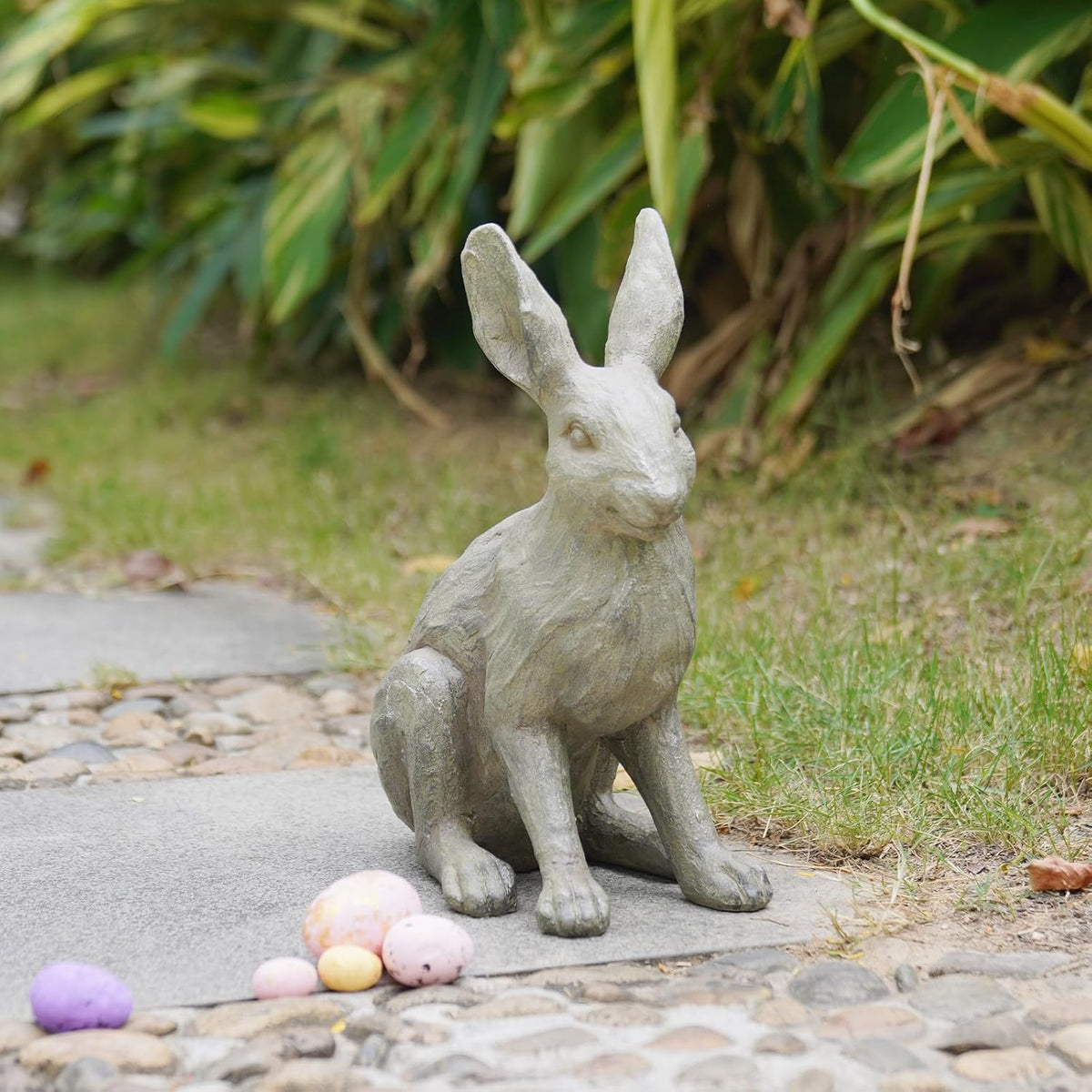 DiliComing Grey Resin Rabbit Garden Statue - 12 Inch Large Garden Statues for Home Yard Decor