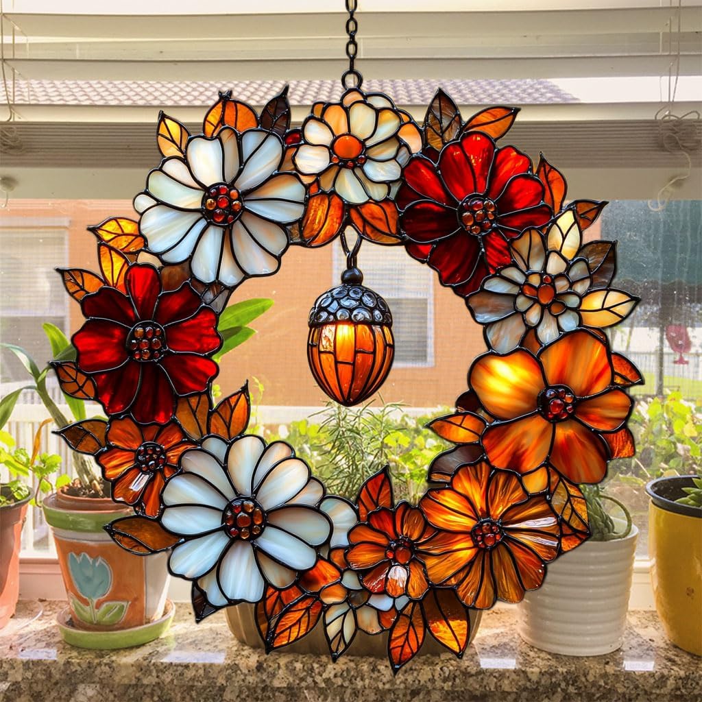 Autumn Floral Wreath Acrylic Suncatcher Stained Glass Effect Window Car Hanging Christmas Ornament