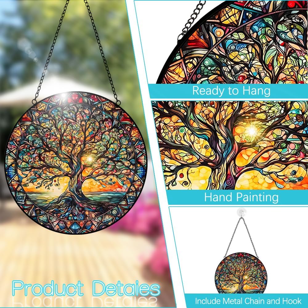 Tree of Life Suncatcher Stained Glass Window Hanging - 8″ Handmade Sun Catchers Indoor Window