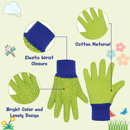 HANDLANDY 4 Pairs Kids Gardening Gloves, Girls Boys Children Garden Work Play Gloves (Green Dot