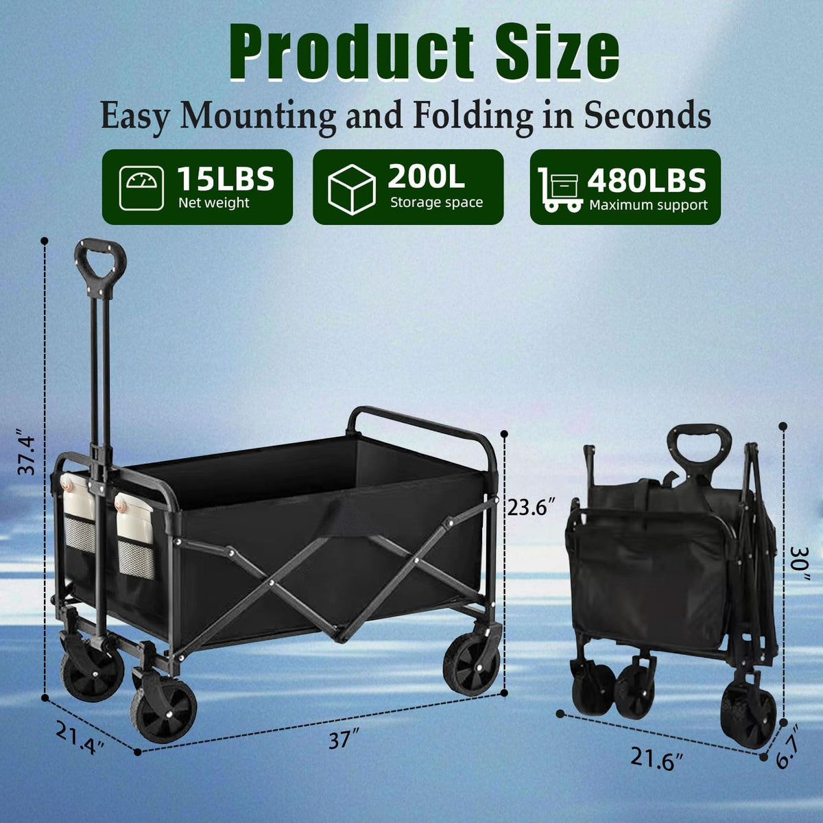 Collapsible Wagon Cart Foldable 37" L 480lbs Capacity, Heavy Duty Beach Wagon, Shopping Carts with