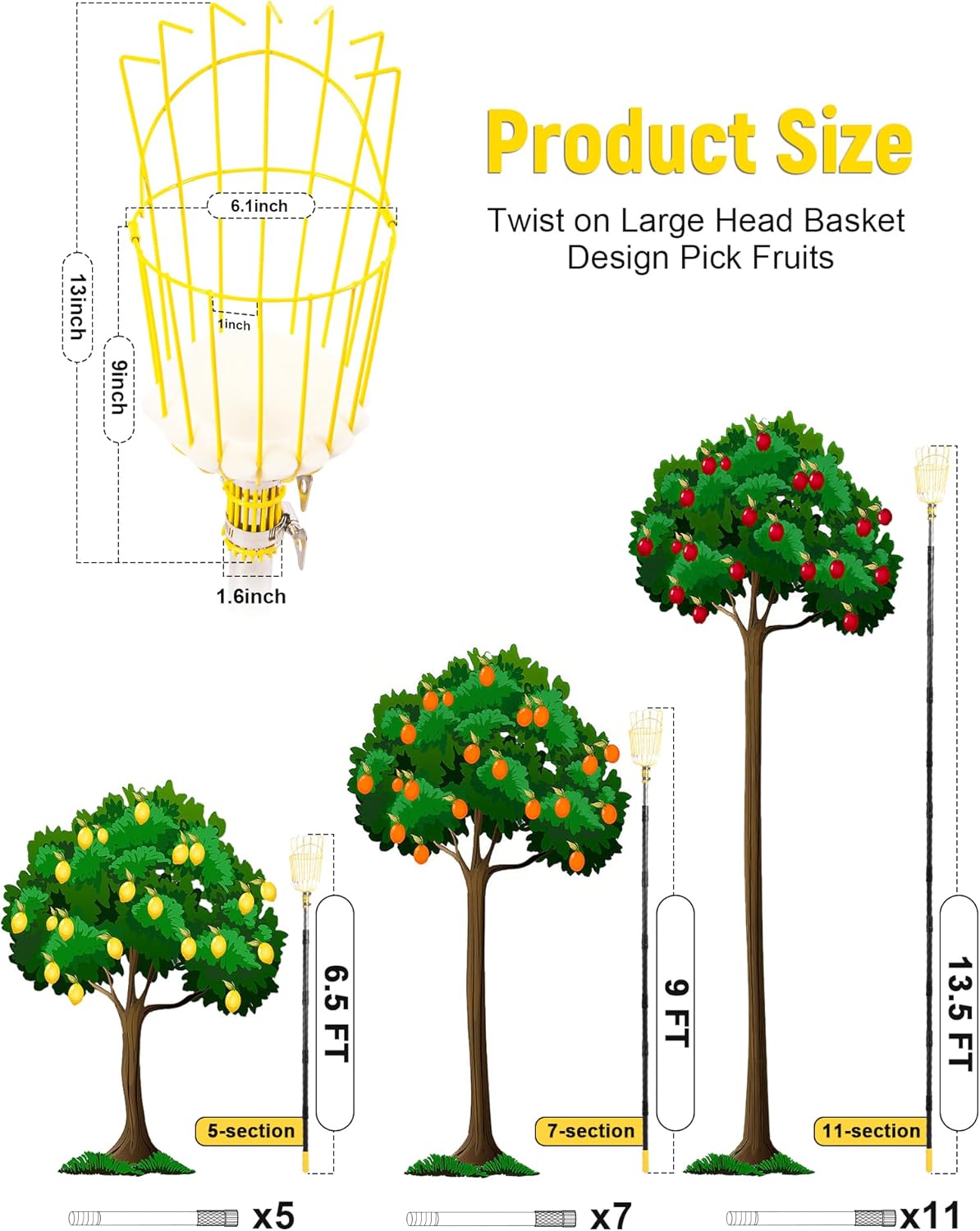 6.5FT Fruit Picker, Apple Picker Tool with Adjustable Pole and Basket, Long Reach Mango Grabber