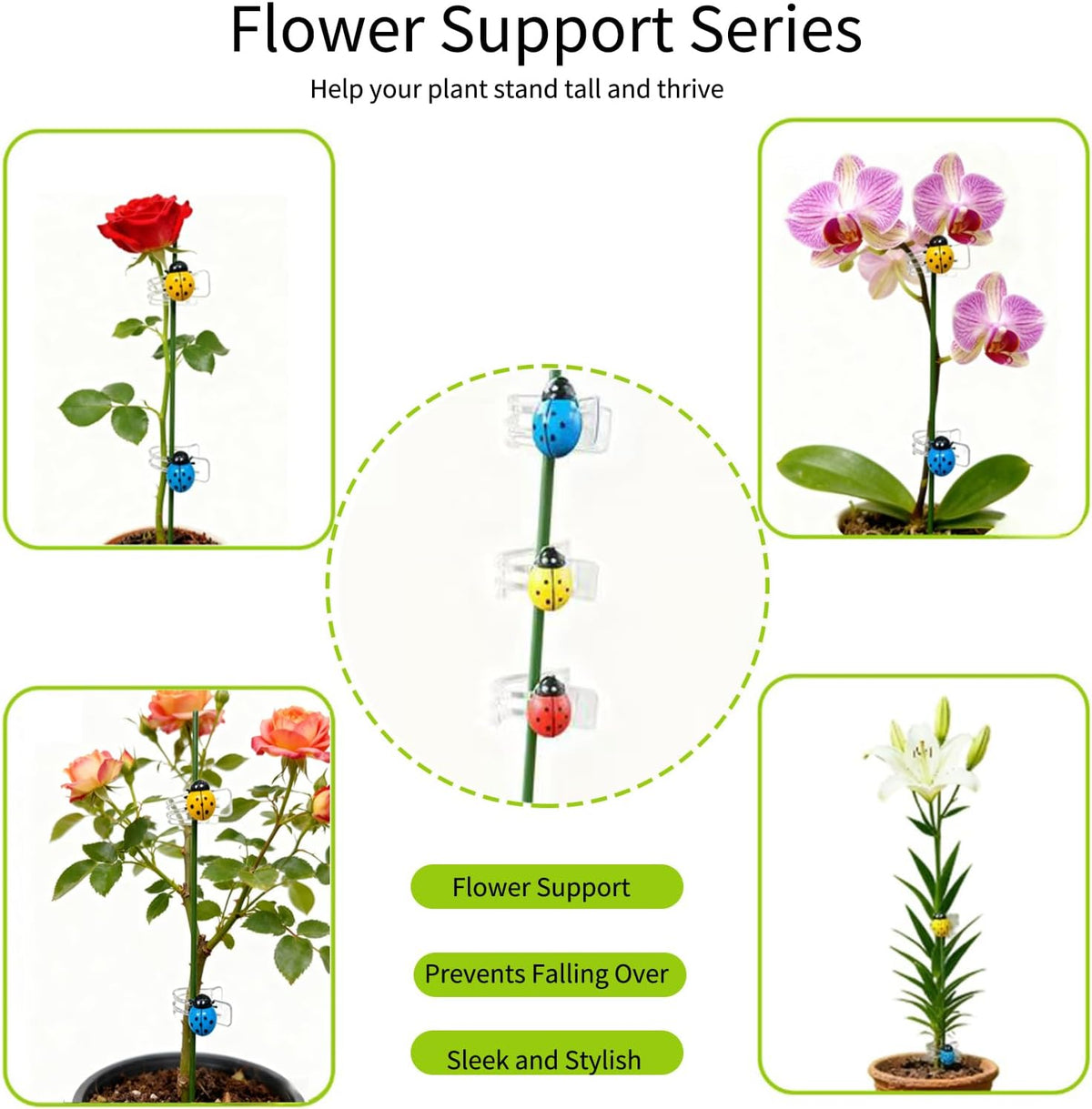 16.5 Inch Plant Stakes - 10 Pcs Bendable Plant Support Stakes Green with 10 Clips & 5 Adorable