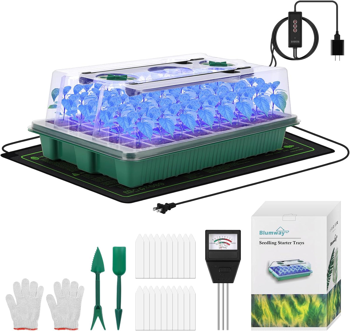 BlumWay 4-in-1 Seed Starter Tray with Grow Light &Heat Mat & Soil Meter Set,40-Cells Seedling Tray
