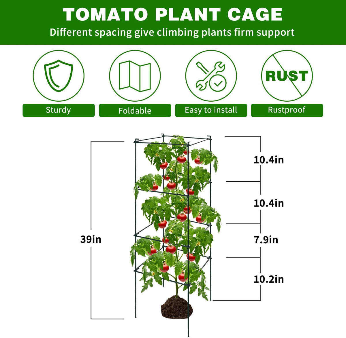 6 Packs Tomato Cages for Garden, 12"×12"×39" Plant Support Cage with Different Spacing, Green Metal