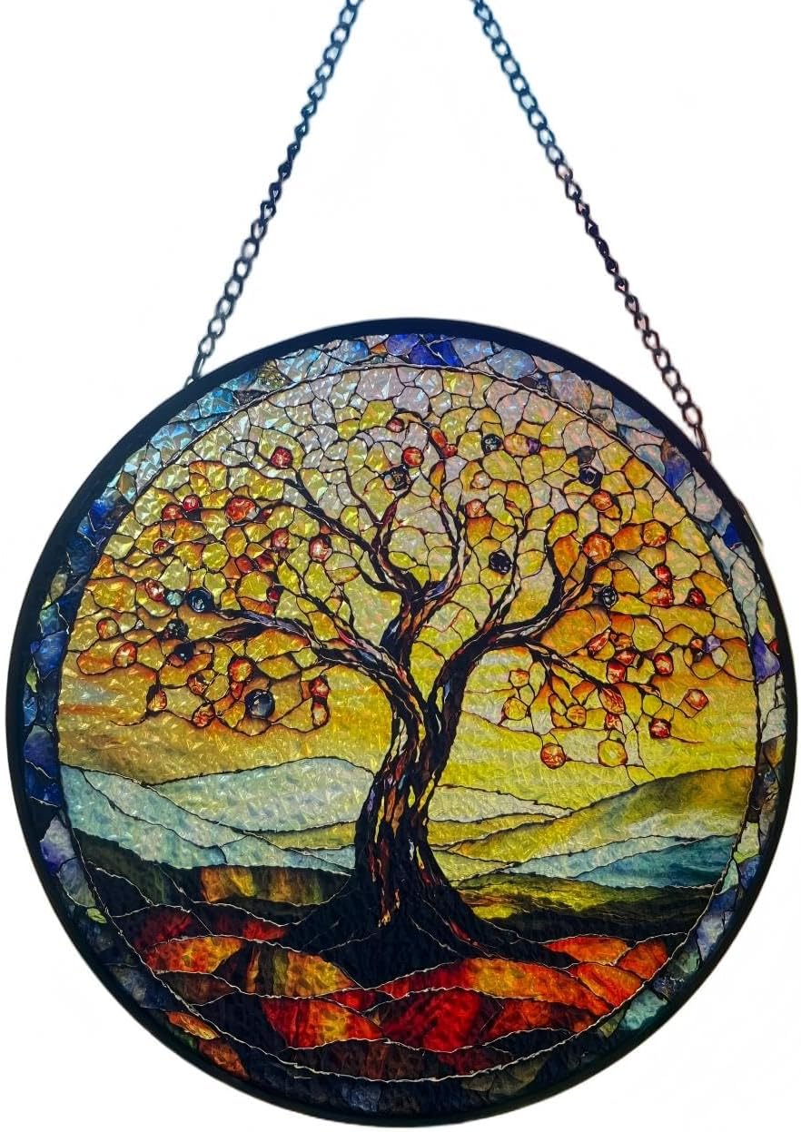 Tree of Life Handmade Stained Glass Window Hanging Suncatcher with Chain - 7.9" Outdoor/Indoor Art