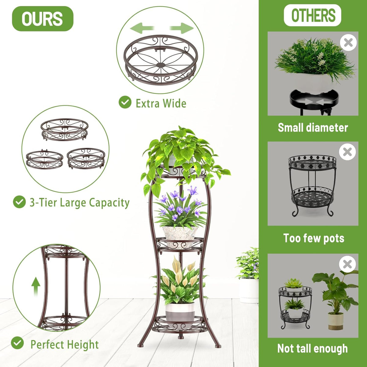iDavosic.ly 3 Tier Tall Metal Plant Stand Indoor Outdoor, Wrought Iron Corner Flower Pot Holder