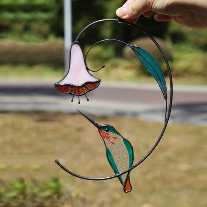 Lolitarcrafts Hummingbird with Flower Stained Glass Suncatcher Bird Stained Glass Window Hangings