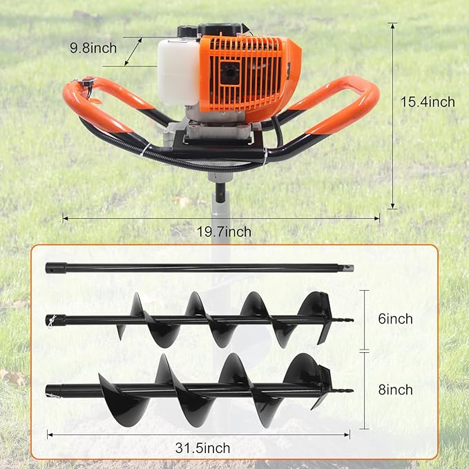 62CC Newly Upgraded Post Hole Digger Gas Powered, 2 Stroke Auger Post Hole Digger with 2 Drill Bits