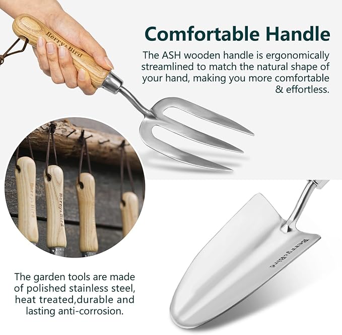 Berry&Bird Garden Tool Set- 3PCS Stainless Steel Gardening Tool Sets with Wooden Handle Trowel