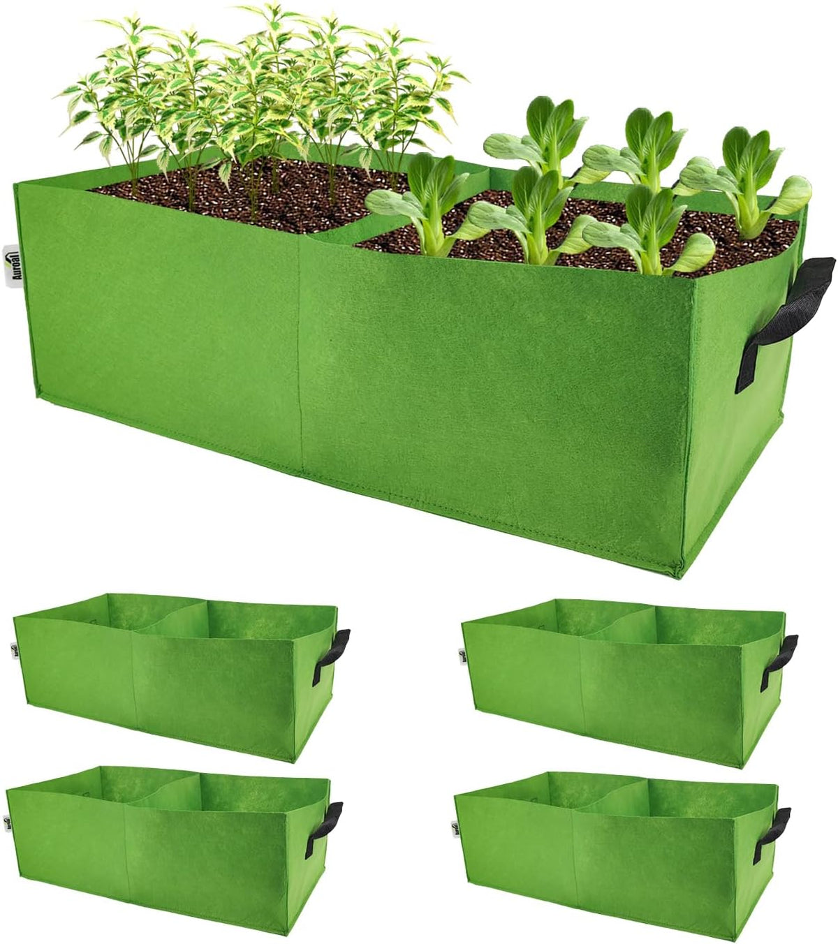 Plant Grow Bags, 5 Pack Fabric Raised Planting Bads, 2 Holes Rectangle Grow Bag, 10 Gallon