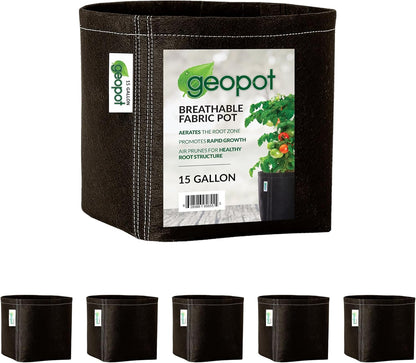 GeoPot 15 Gallon Fabric Grow Bags for Vegetables, Houseplants, Herbs & Flowers | 5-Pack | Aerated