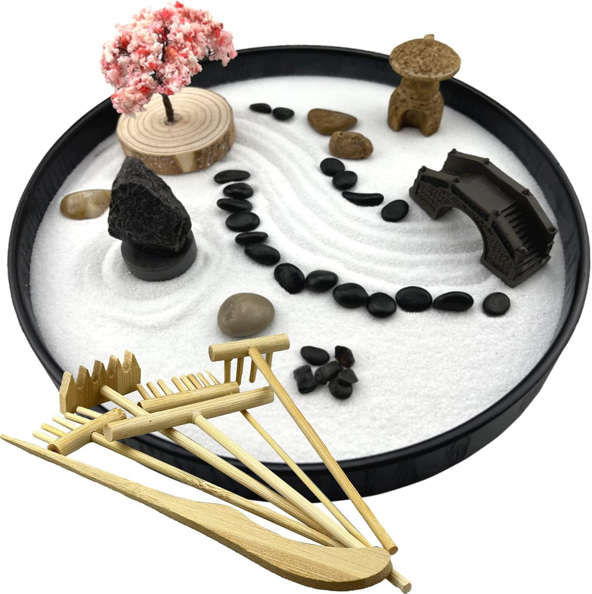 Zen Garden for Desk Japanese Zen Garden Kit 8 Inch Large Round with 6 Sand Rake and Accessories