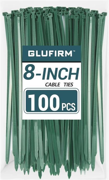 Green Zip Ties 8 inch (100 Pack), 45lb Tensile Strength, Cable Ties for Indoor and Outdoor Use, UV