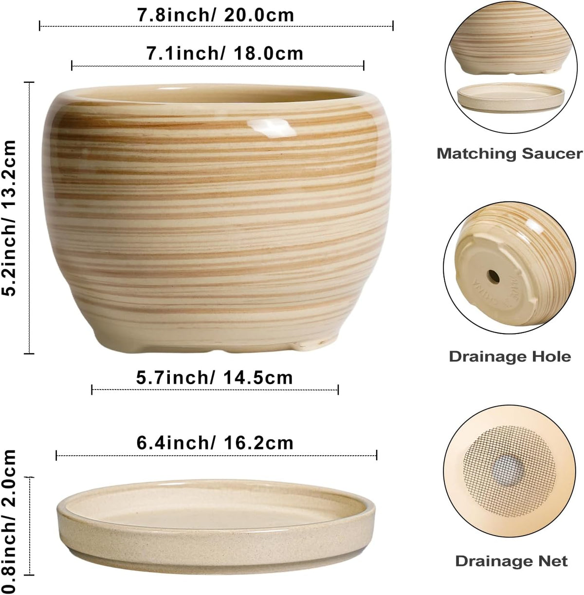 SQOWL Ceramic Planter- 8 Inch Plant Pot Indoor Outdoor, Round Planter with Drainage Hole and Plant