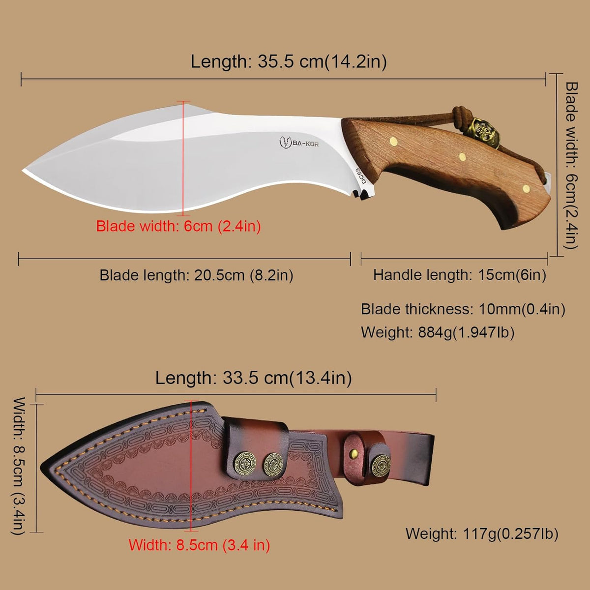 BA-KOR (Survivor III) 35.5CM (14.2 ") DC53 steel 10mm thickened full Tang fixed knife+ leather
