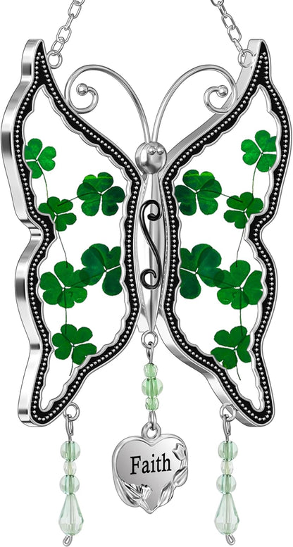 KY&BOSAM Shamrock Butterfly Suncatcher Faith Stained Glass Irish Suncatchers for Windows Hangings