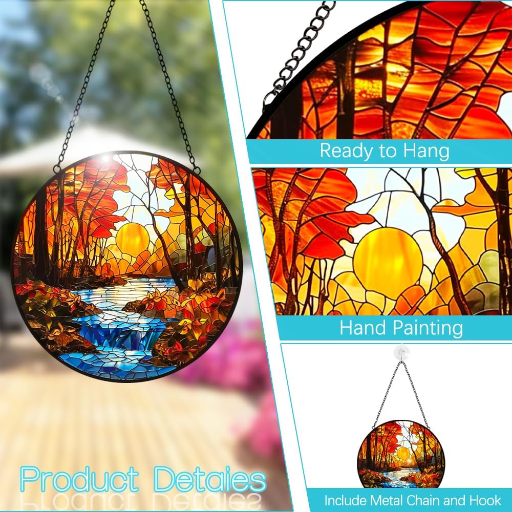 Fall Decor Sunset Suncatcher Stained Glass Window Hanging - Handmade Sun Catchers Indoor Window