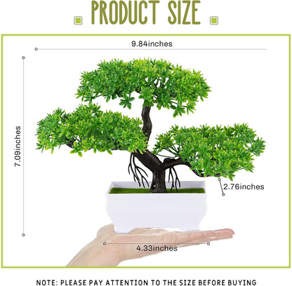 Mini Artificial Bonsai Tree Plants with Plastic Cement Pots for Home Office Décor (Green)
