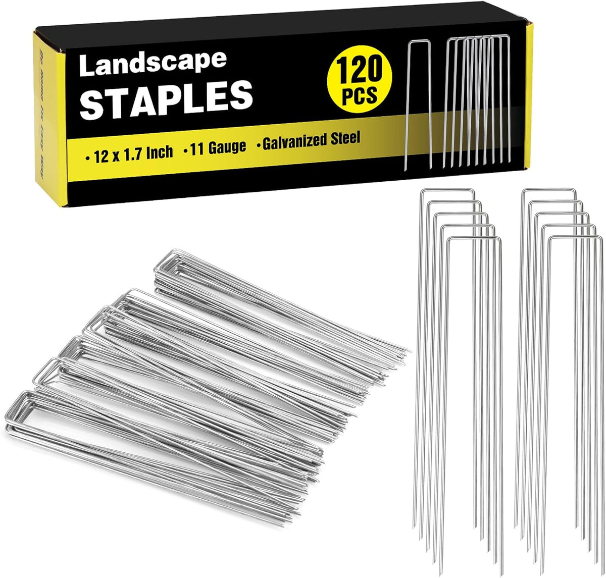 HongWay 120 Pack 12 Inch Landscape Staples, Garden Stakes 11 Gauge Galvanized Ground Staples Lawn