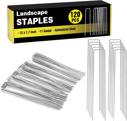 HongWay 120 Pack 12 Inch Landscape Staples, Garden Stakes 11 Gauge Galvanized Ground Staples Lawn