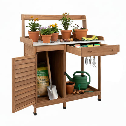 Potting Bench Table Work Bench with Storage Cabinet Outdoor Wooden Garden Workstation with Metal