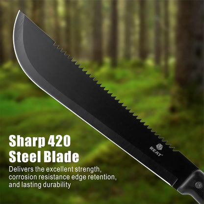 REAT Machete with Saw, 17" Full Tang Fixed Blade Hunting Knife with Sheath, Ergonomic No-Slip