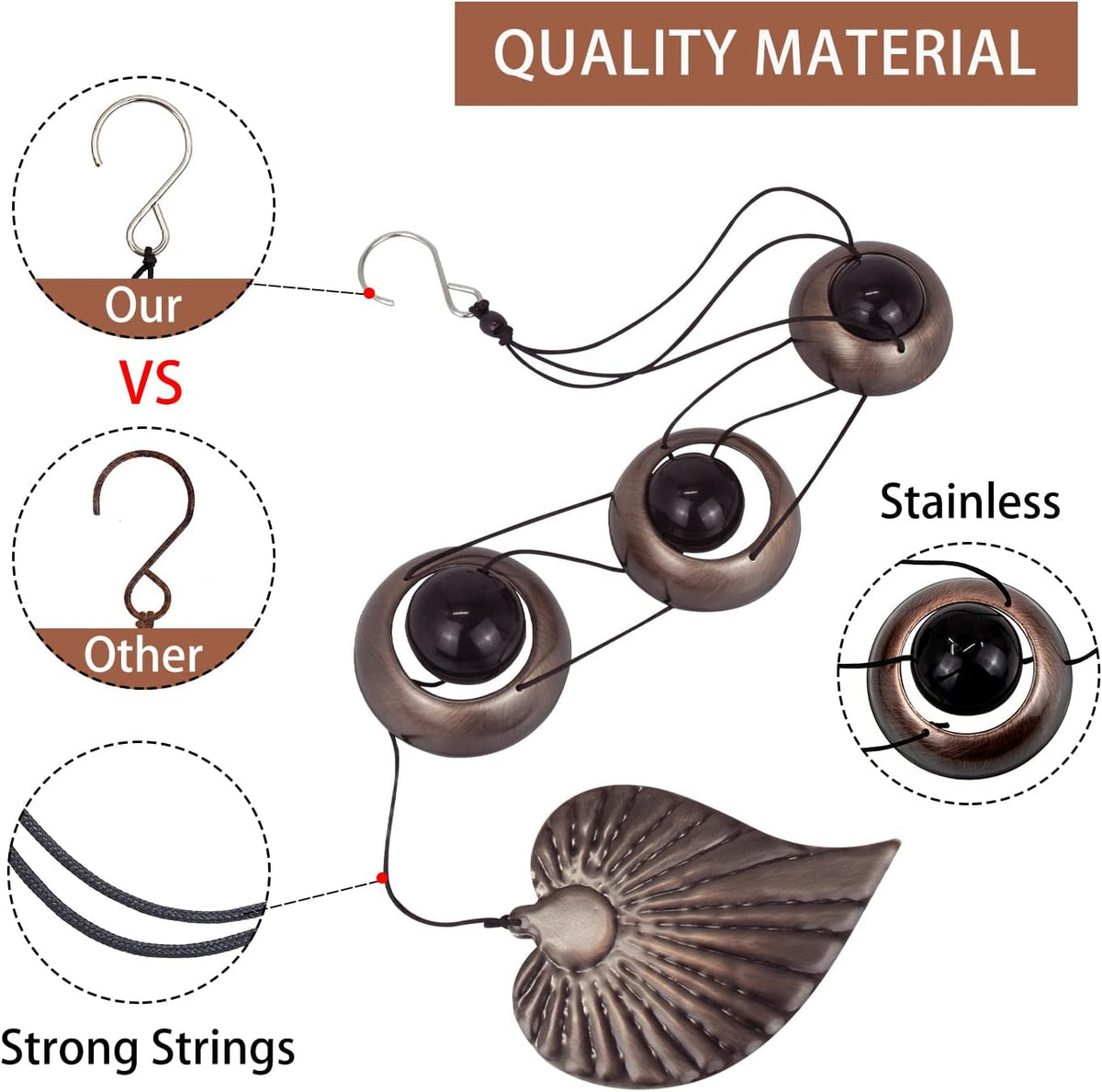 Three Cooper Leaf Temple Wind Chime,Wind Chimes with 3 Bells, Feng Shui Wind Chimes for Home Yard
