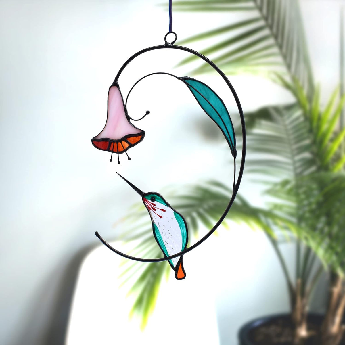 Lolitarcrafts Hummingbird with Flower Stained Glass Suncatcher Bird Stained Glass Window Hangings