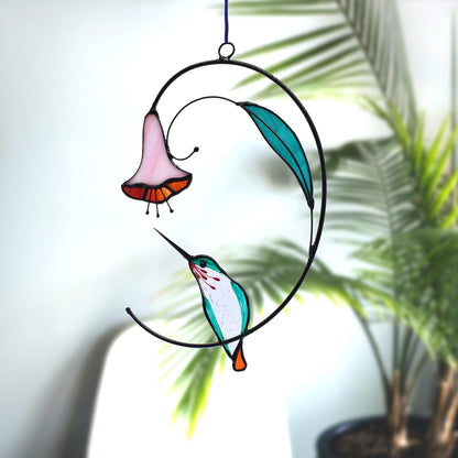 Lolitarcrafts Hummingbird with Flower Stained Glass Suncatcher Bird Stained Glass Window Hangings