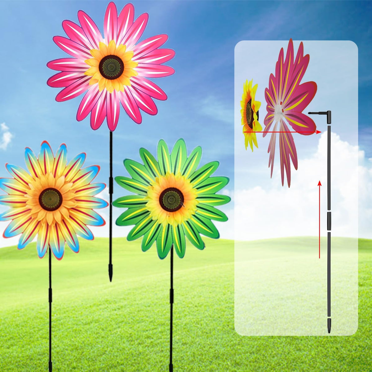 3PCS Sunflower Pinwheels Outdoor Wind Spinners, Colorful Flower Windmill Decorative Pinwheel for