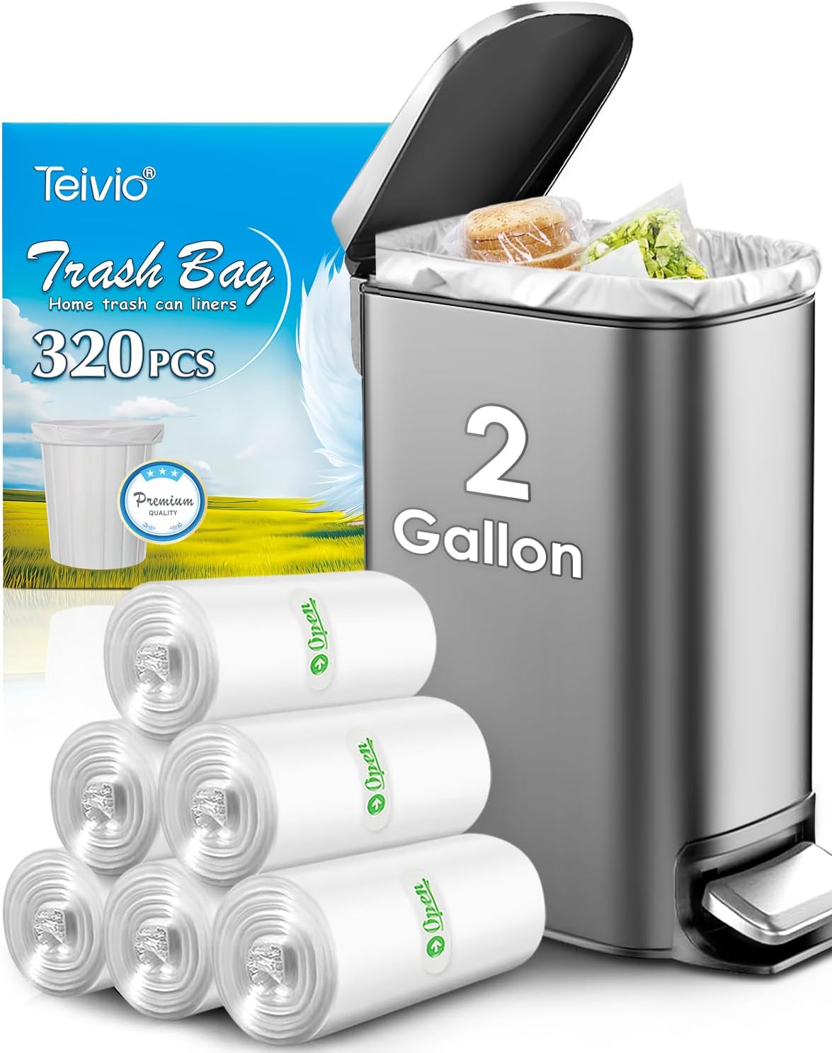 Teivio 2 Gallon 320 Counts Strong Trash Bags Garbage Bags, Bathroom Trash Can Bin Liners, Small