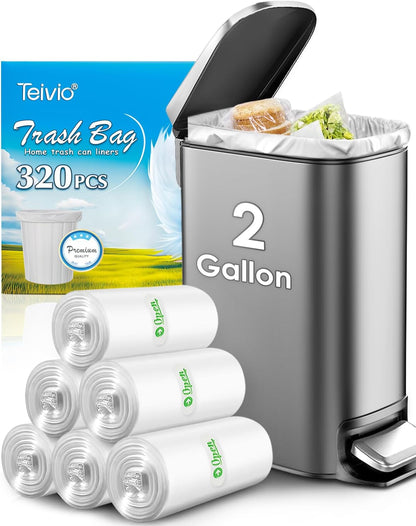 Teivio 2 Gallon 320 Counts Strong Trash Bags Garbage Bags, Bathroom Trash Can Bin Liners, Small
