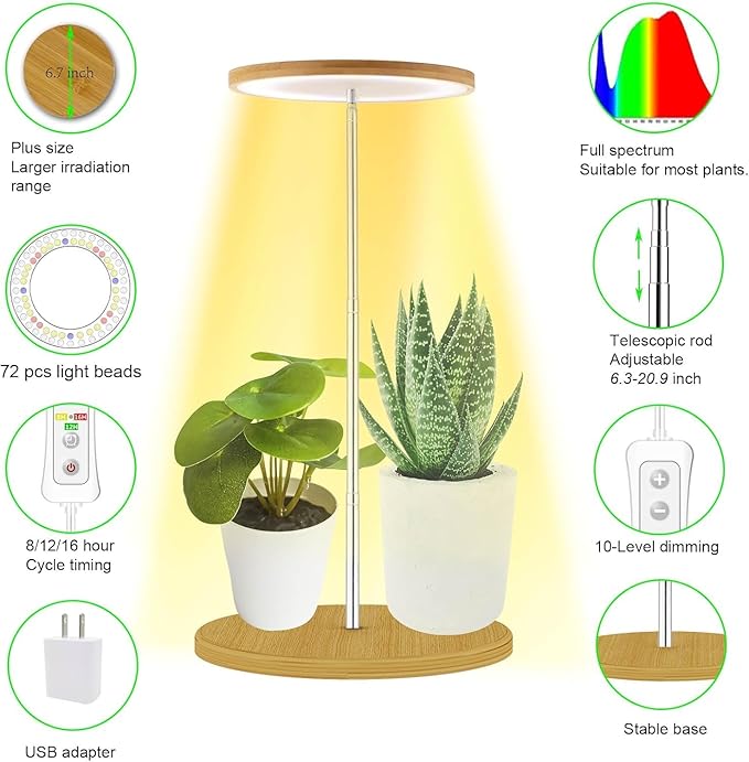 Plant Grow Light for Indoor Plant,Bamboo Mini LED Grow Light Garden,Height Adjustable,Automatic