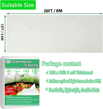 12FTx26FT Greenhouse Plastic Sheeting, 6 Mil Thick Clear Polyethylene Film, Waterproof Wind Frost