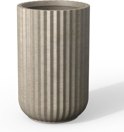 Kante Tall Fulted Planter, 17.7 Inch Tall Round Concrete Plant Pots with Drainage Hole and Rubber