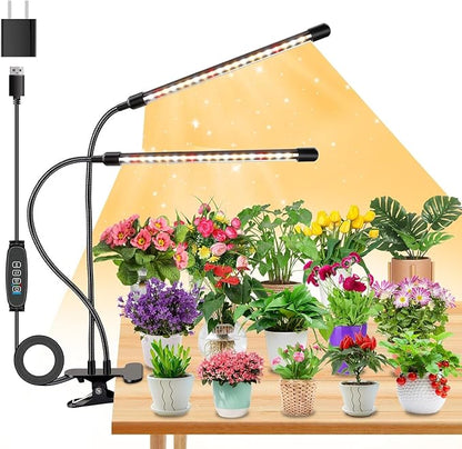 Full Spectrum Dual Heads Clip Grow Lights for Indoor Plants with 3/9/12H Timer Dimmer and 10 feet