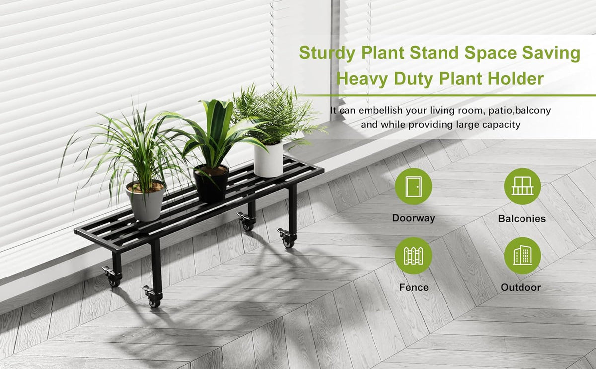 Zhongma One Tier Metal Plant Stand with Wheels,(35.43 L x 8.66 W x 10.3 H) Heavy Duty Plant Holder