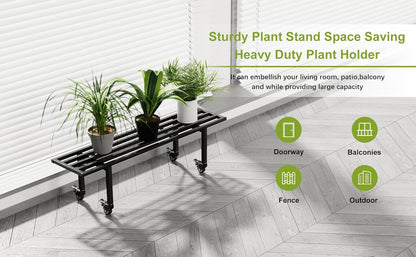 Zhongma One Tier Metal Plant Stand with Wheels,(35.43 L x 8.66 W x 10.3 H) Heavy Duty Plant Holder