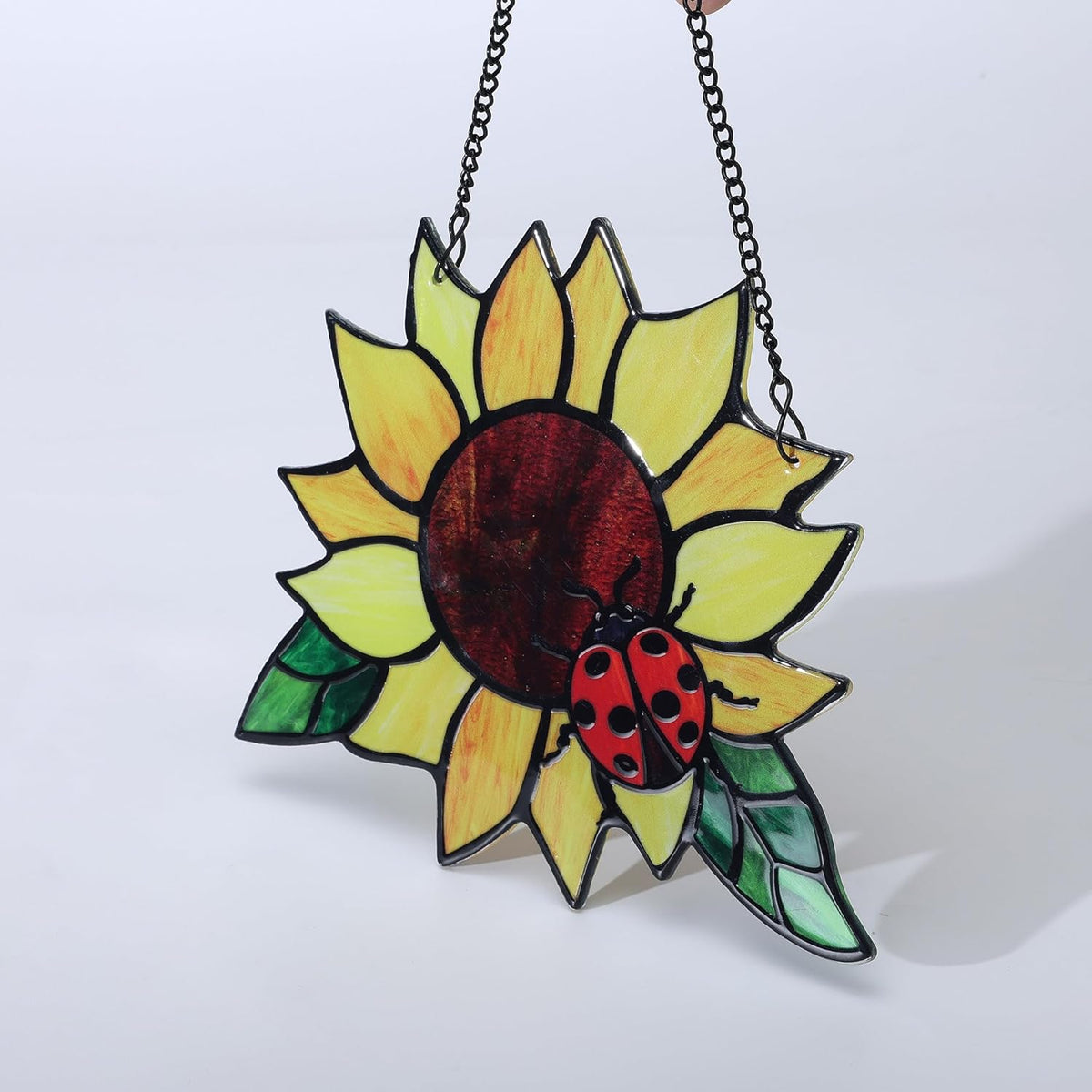 Stained Glass Suncatcher, Sunflower and Ladybug Window Hanging, Hand-Painted (Style 4)