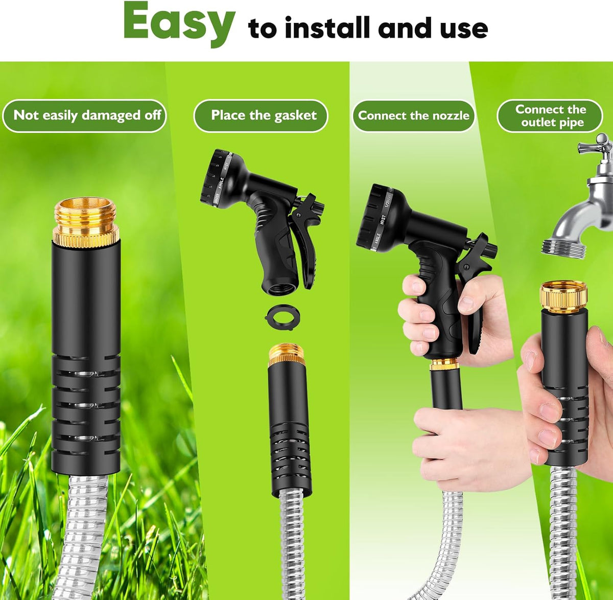 Garden Hose Metal 150FT, Stainless Steel Heavy Duty Water Hose With 10 Function Nozzle, No-Kink