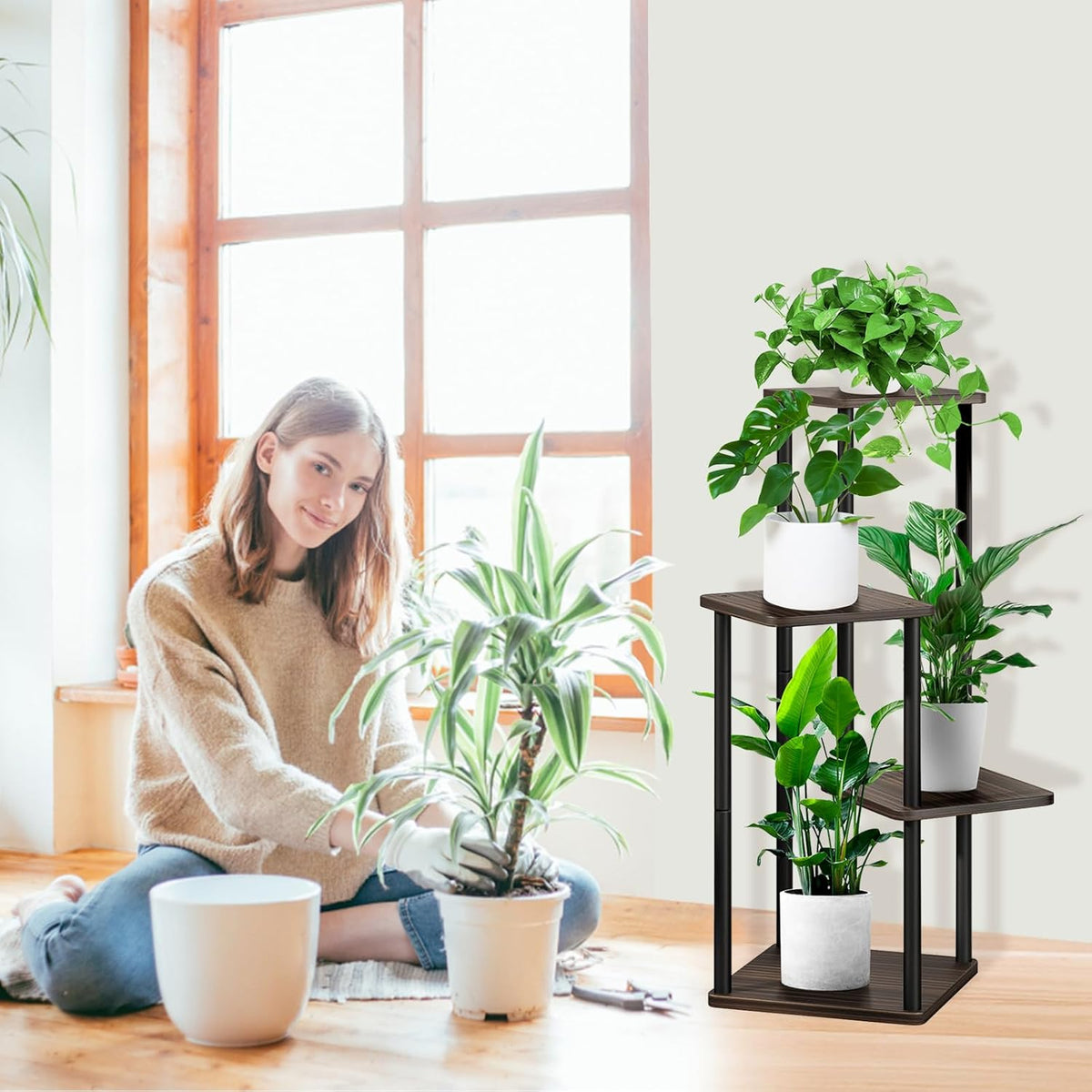 4 Tier Wood Tall Plant Stand Metal Rack Indoor, Multiple Flower Pot Holder Shelves Corner Rack